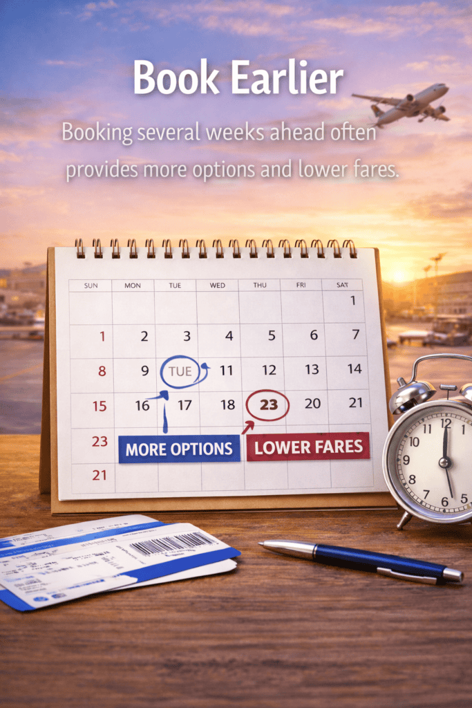 Travel planning calendar with airplane tickets and airport background representing booking flights early for lower airfare