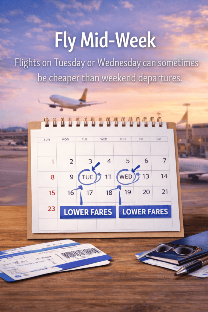 Airport runway scene with travel calendar highlighting midweek flights for cheaper airfare