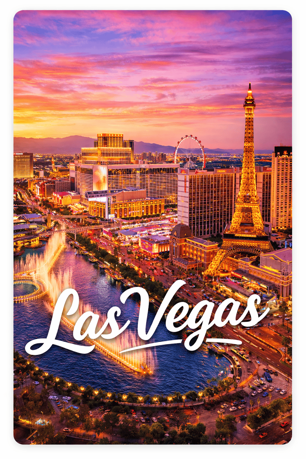 Las Vegas Strip skyline with fountains and casinos at sunset
