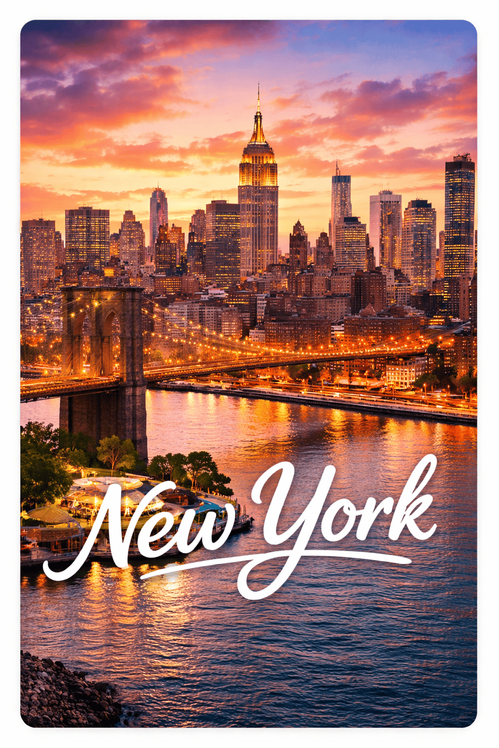 New York City skyline with Brooklyn Bridge and Manhattan buildings at sunset